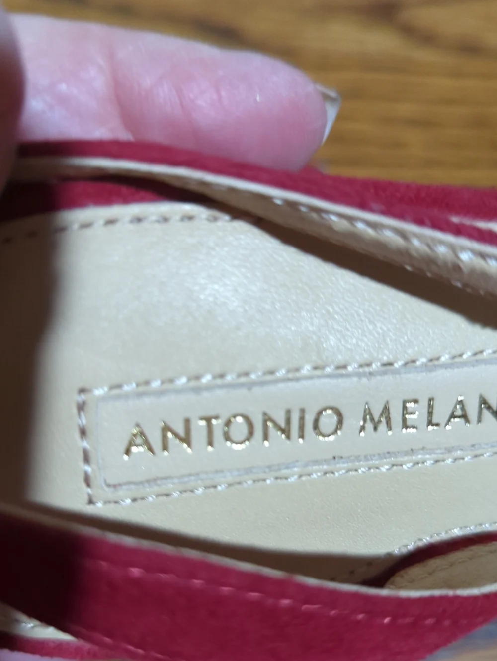 ANTONIO MELANI Red Suede Pointed-Toe Lucite Sides Slingback Block Heels Sz 8